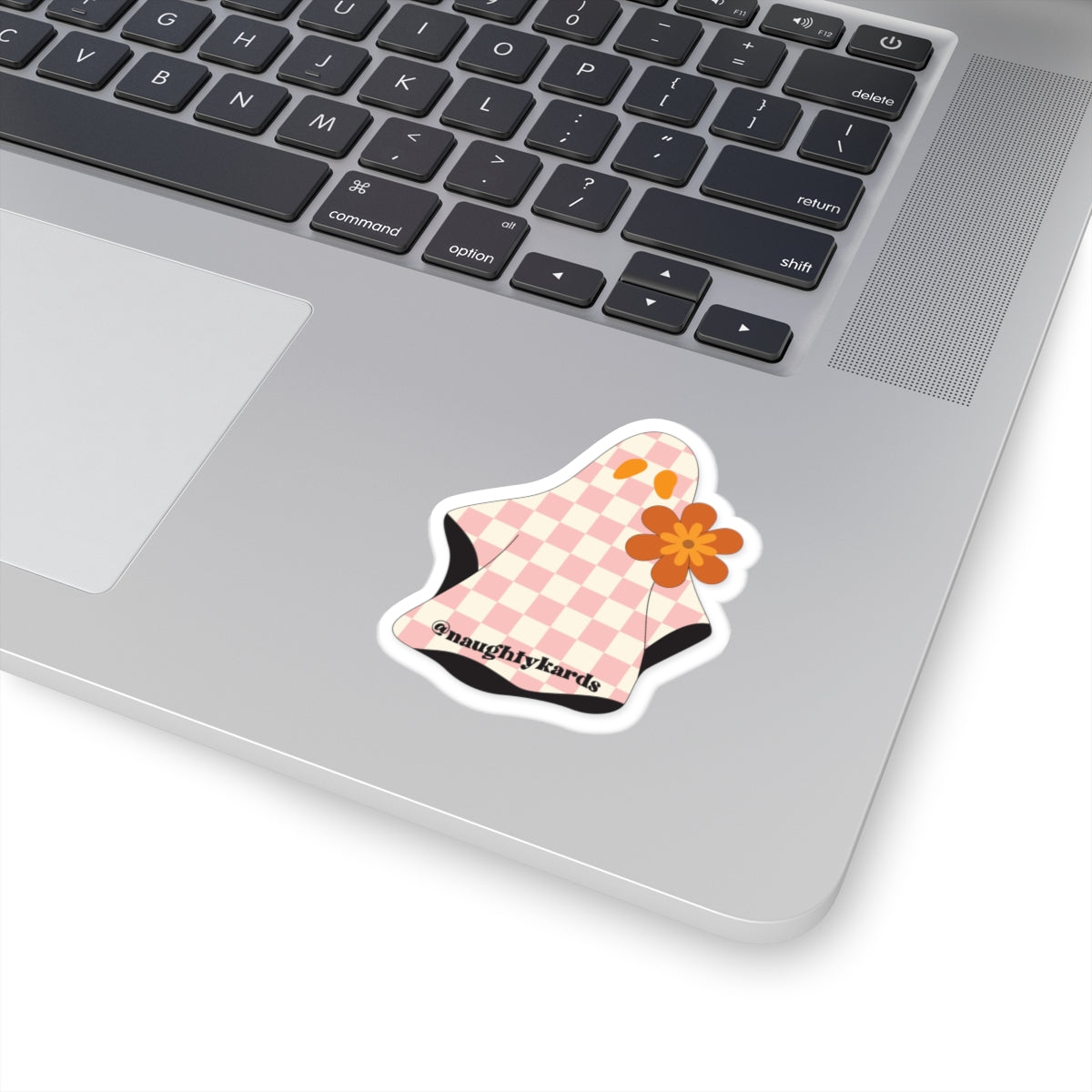 Retro Checkered Ghost with Orange Daisy Flower and the tag @naughtykards