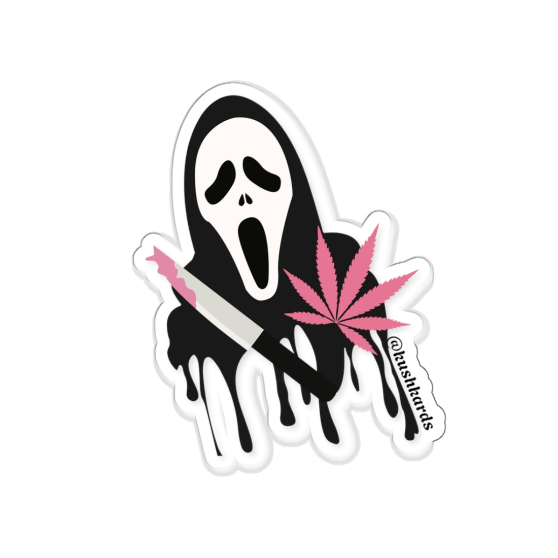 Ghost face Sticker with knife and pink blood and a pink pot leaf with the tag @kushkards