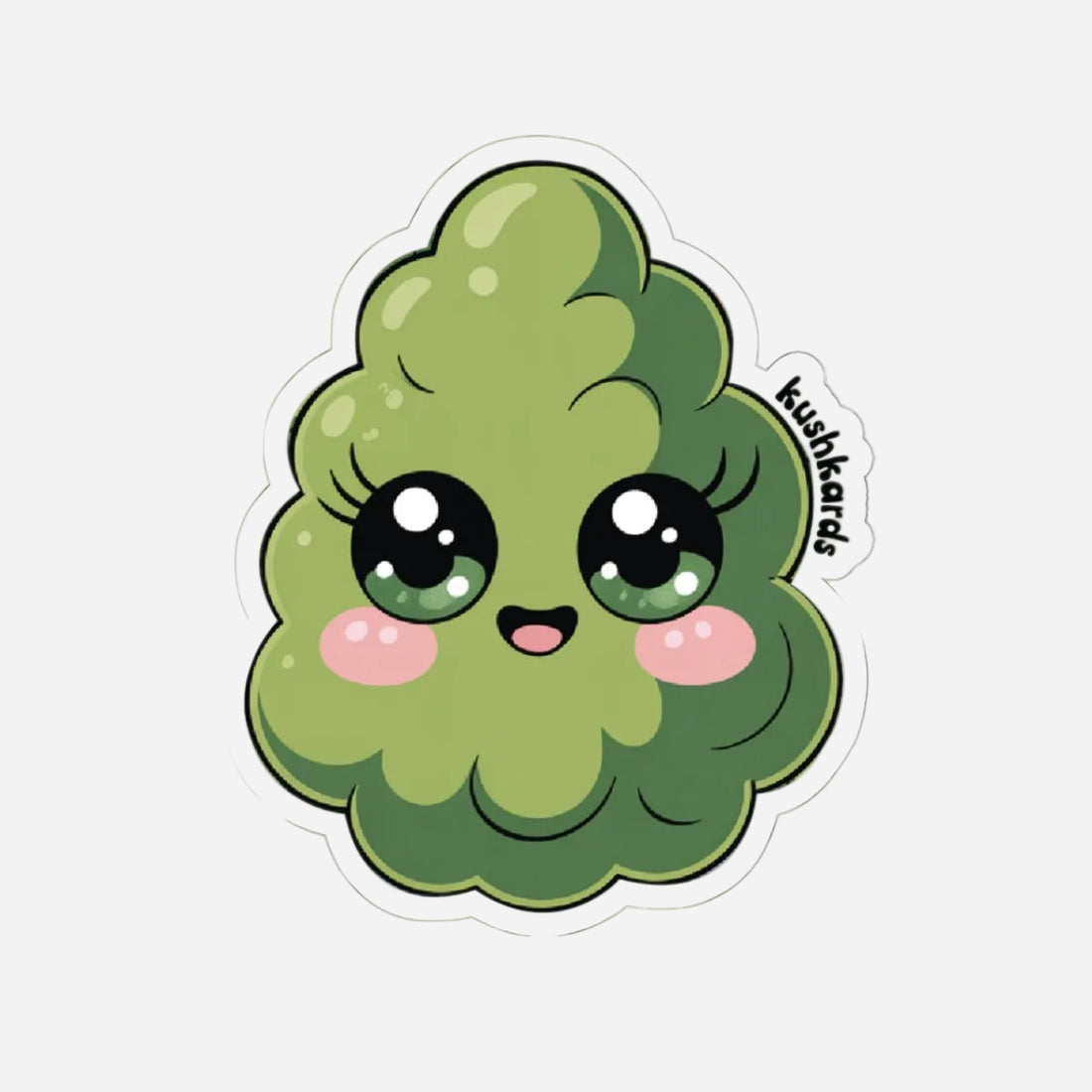Cartoonish green cannabis bud with facial feature sticker on a white background, branded &