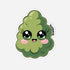Cartoonish green cannabis bud with facial feature sticker on a white background, branded &