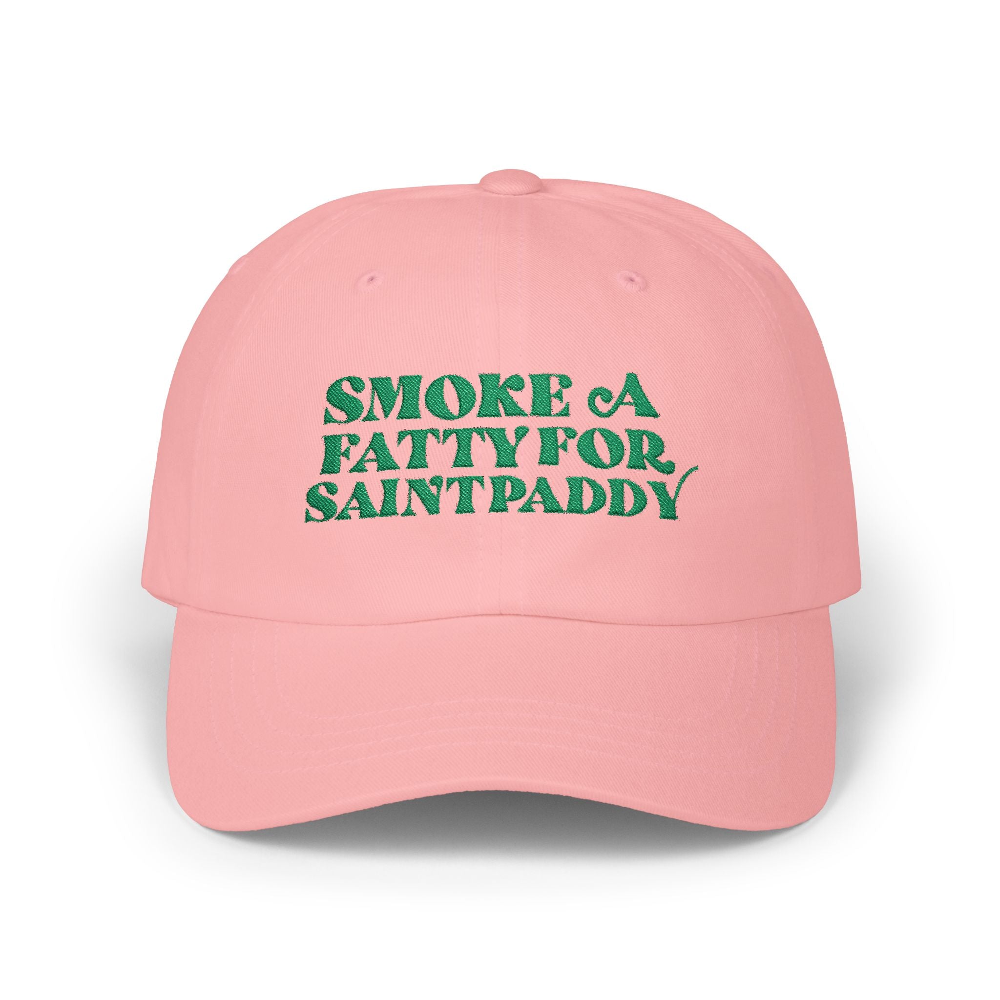 Pink cap with green text &