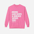 A pink unisex midweight softstyle fleece crewneck sweatshirt with text " moms are dope and smoke weed too" on the front.