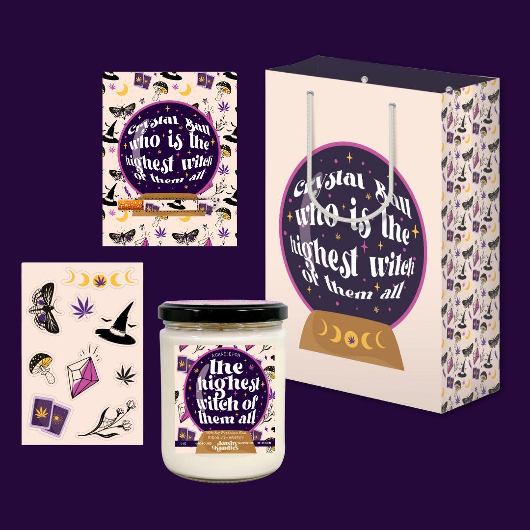 Crystal Ball Witch Set with Card with One hitter, Candle, Sticker sheet and matching bag