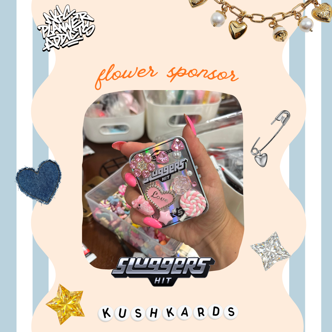 DIY bedazzled Sluggers metal trinket tin decorated with pink rhinestones, heart charms, pearls, and colorful embellishments. Inspiration for the KushKards Tokes &amp; Trinkets Friendsgiving craft event.