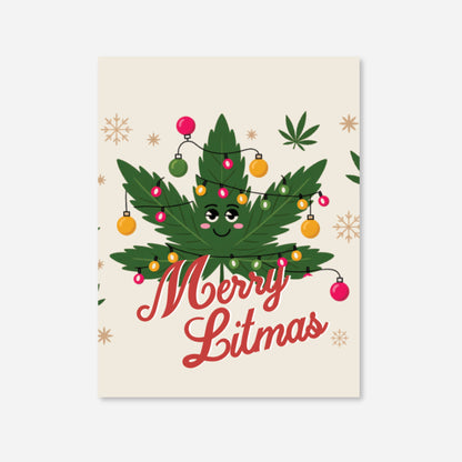 Card with a cannabis leaf decorated with Christmas lights and &
