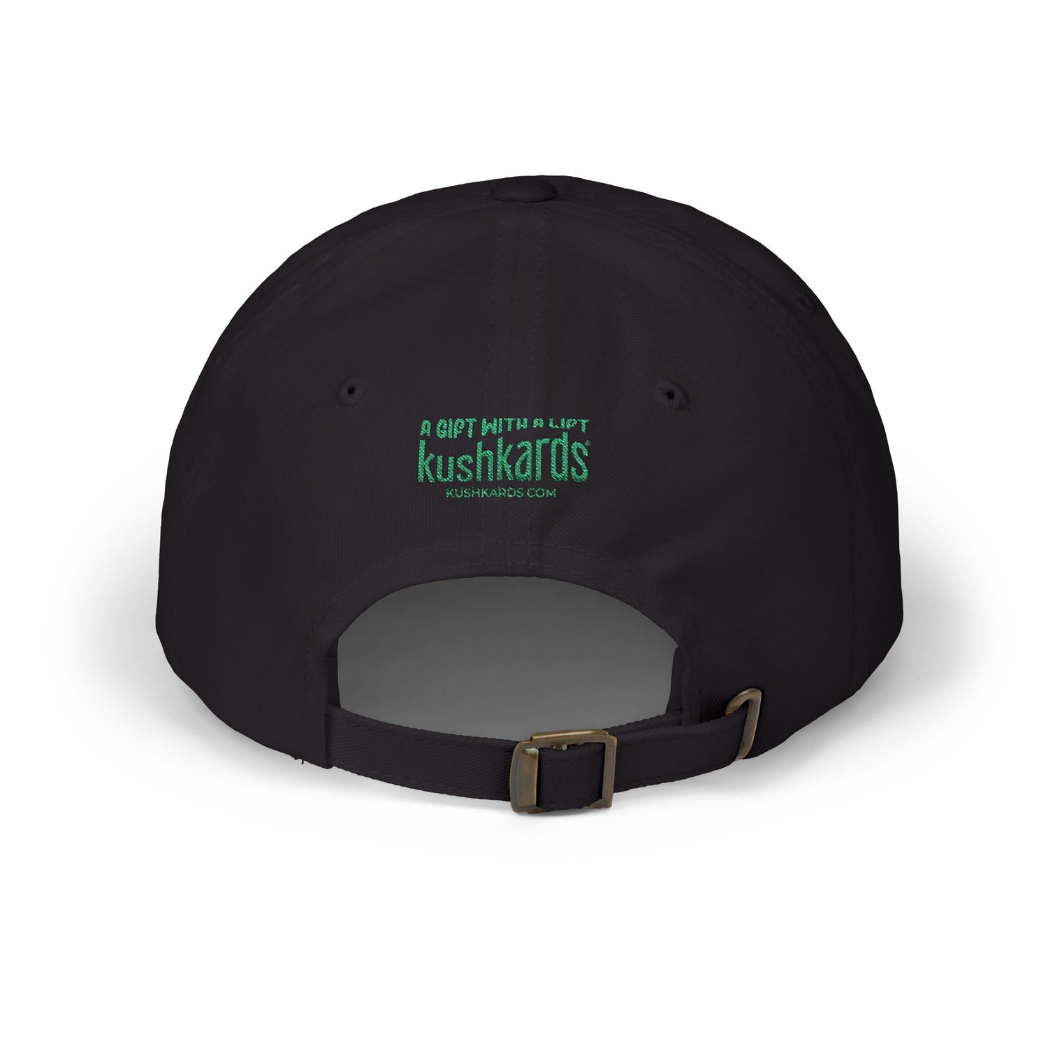Black cap with a GREEN KushKards logo on a white background