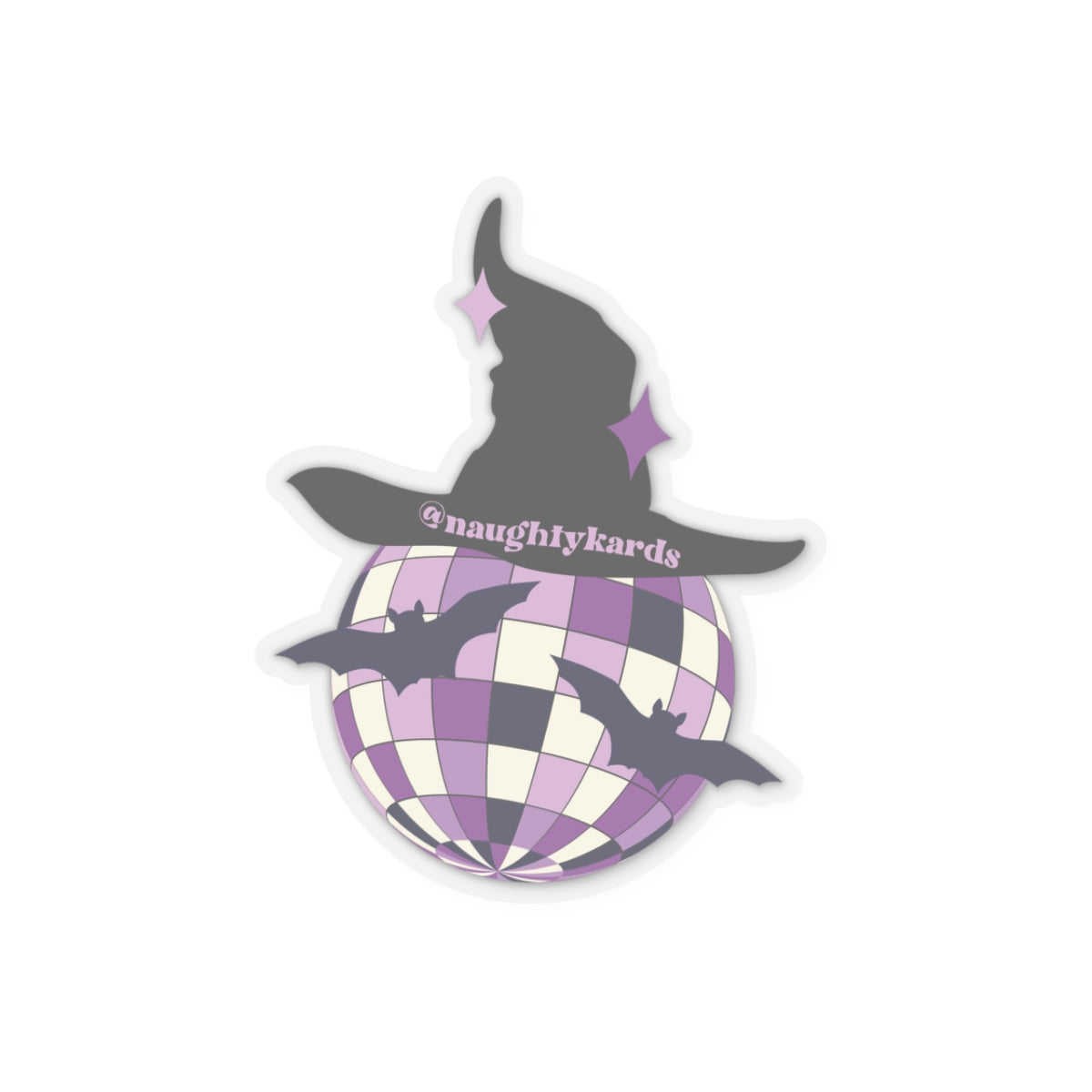 Disco Ball with Witch Hat and Bats and the tag @naughtykards