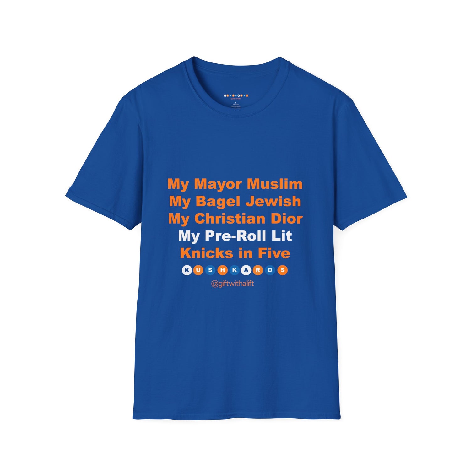Blue t-shirt with colorful text on a white background