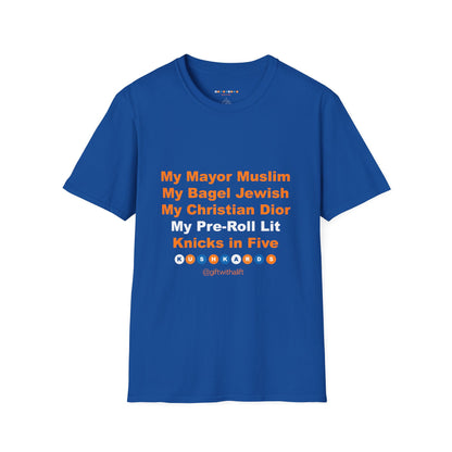 Blue t-shirt with colorful text on a white background
