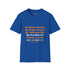 Blue t-shirt with colorful text on a white background