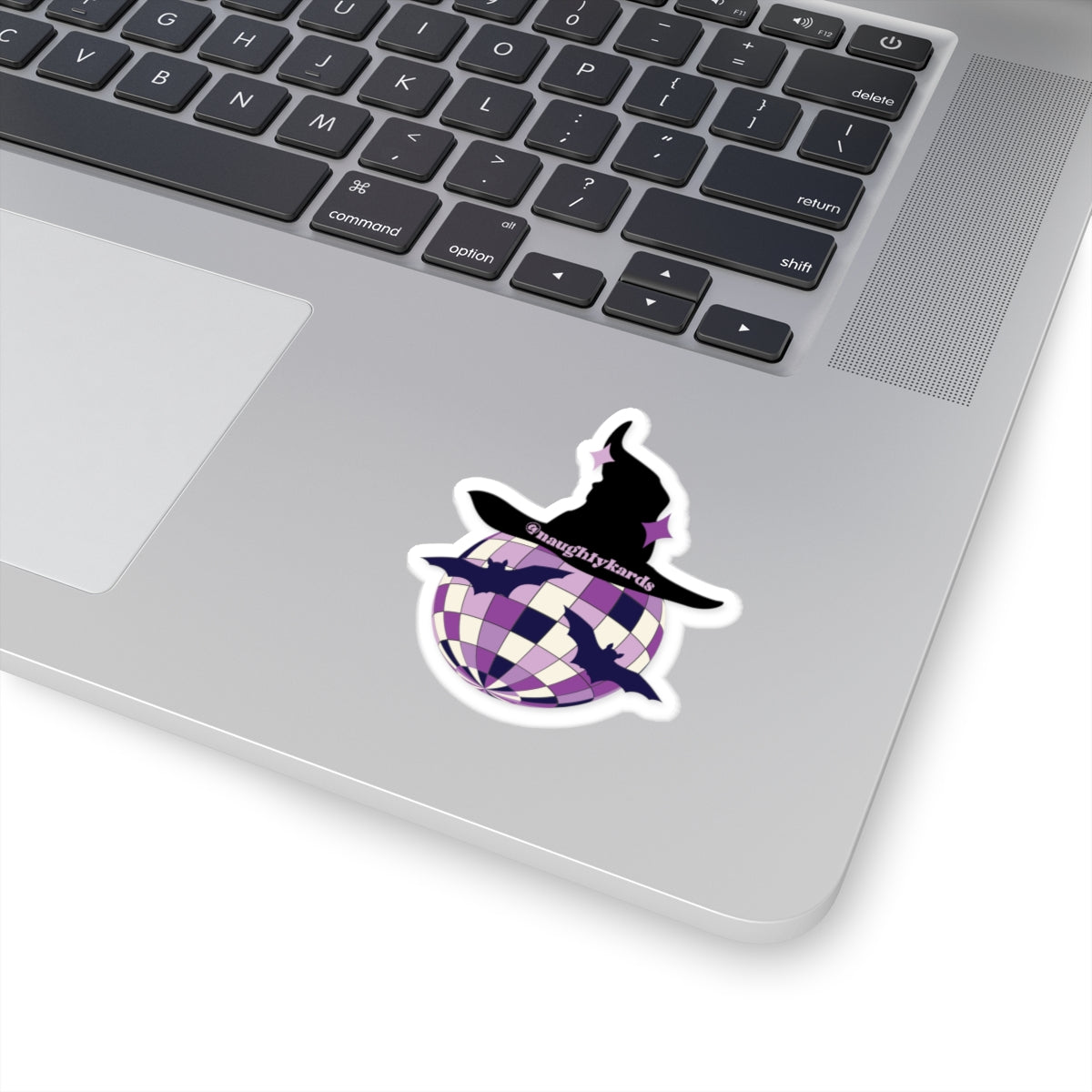 Disco Ball with Witch Hat and Bats and the tag @naughtykards
