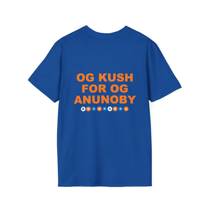 Blue t-shirt with text OG  KUSH FOR OG ANUNOBY on a white background