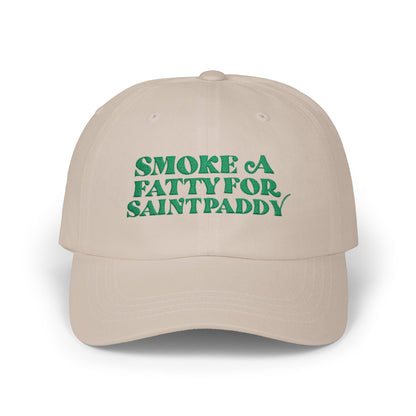 Beige cap with green text &