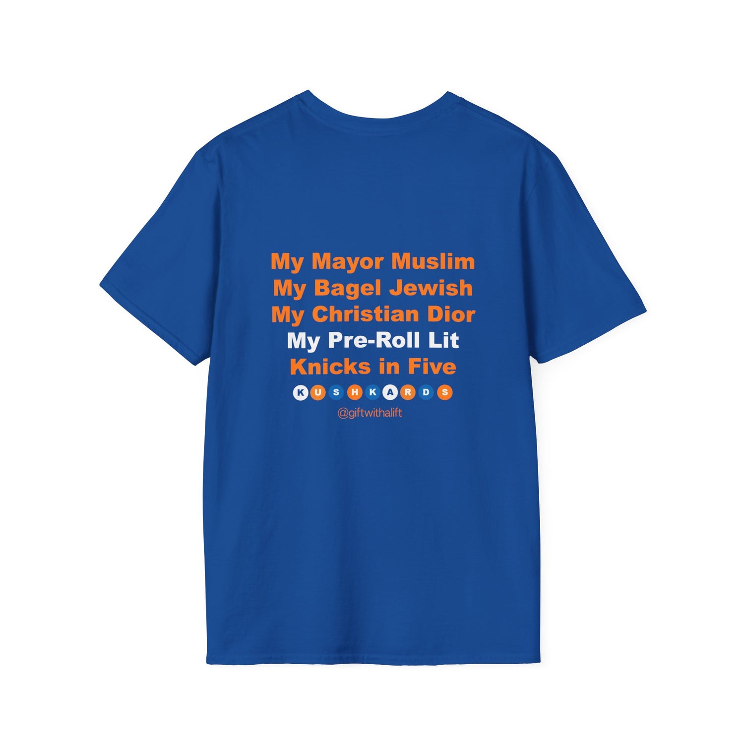 Blue t-shirt with strawberry and blueberry design on a white background