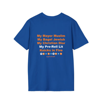 Blue t-shirt with strawberry and blueberry design on a white background