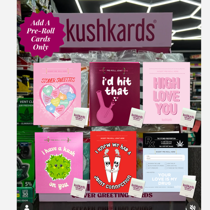 Display of Kushkards pre-roll cards with various designs and text.