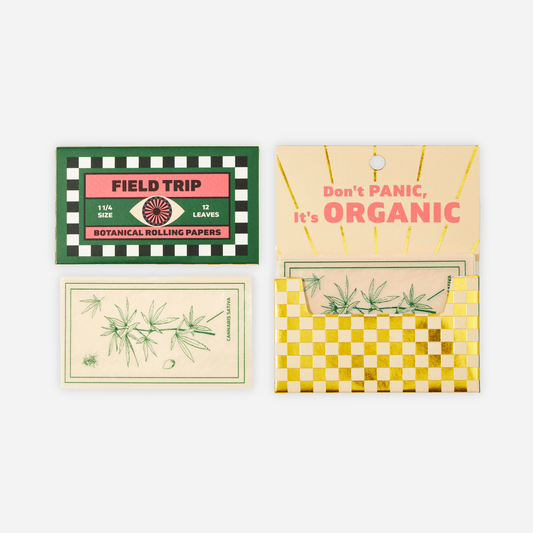 Pack of 12 Botanical Organic Printed Rolling Papers with cannabis sativa plant illustration, made with sustainable materials and organic tips included.