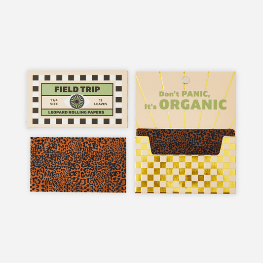 Pack of 12 Leopard Print Organic Printed Rolling Papers with bold animal print, eco-conscious materials, and tips included.
