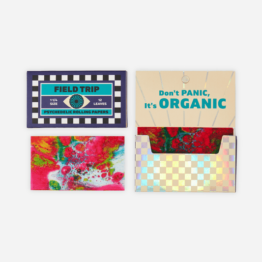 Pack of 12 Psychedelic Organic Printed Rolling Papers with colorful abstract designs, using sustainable materials, tips included.