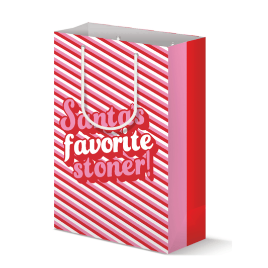 Large gift bag with red, pink, and white stripes featuring 'Santa's Favorite Stoner' in red script, and pink and red striped sides.