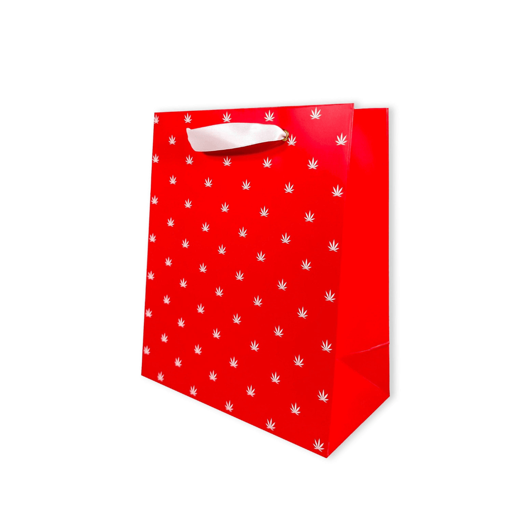 Red gift bag with white pot leaf print