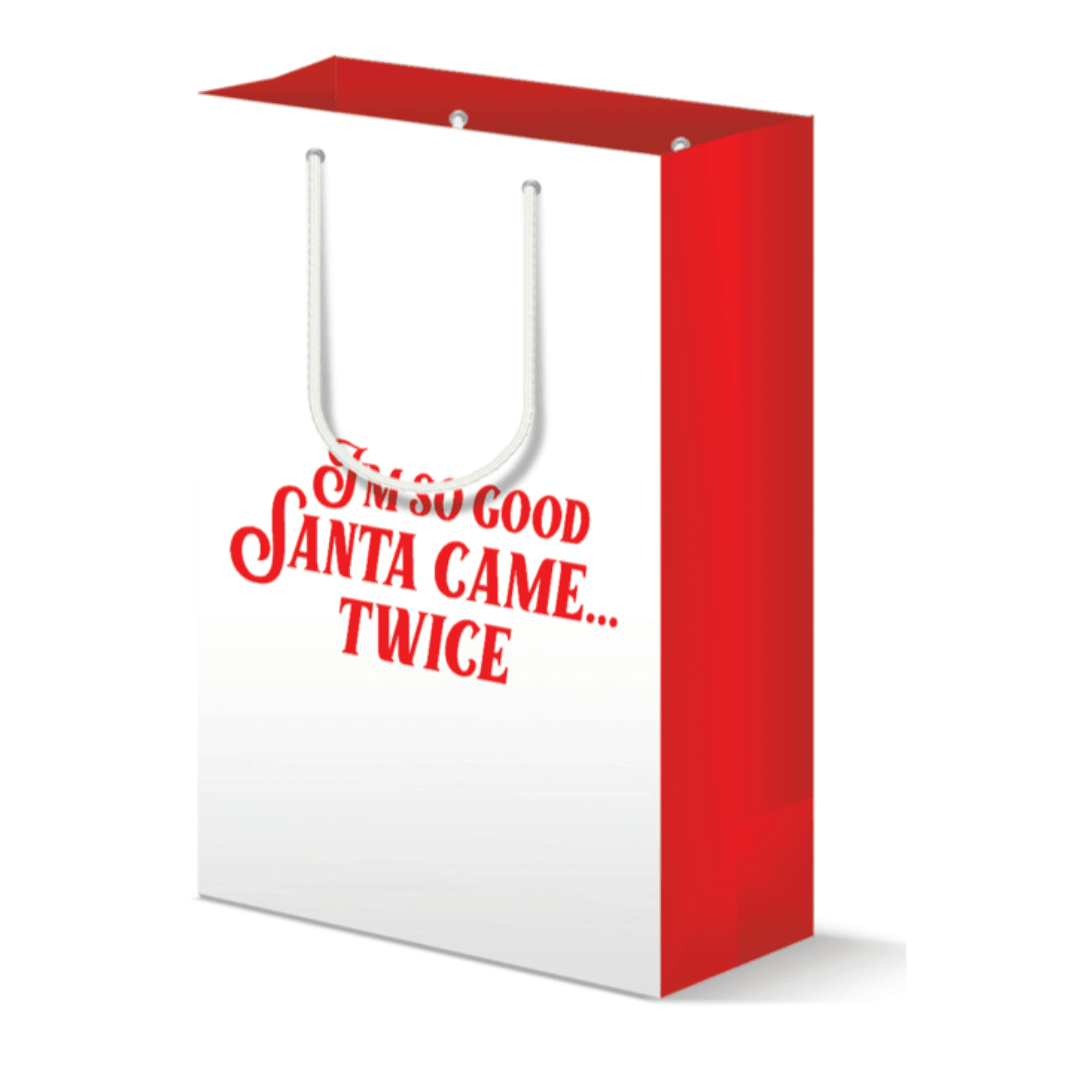White gift bag with red text that reads &quot;I&