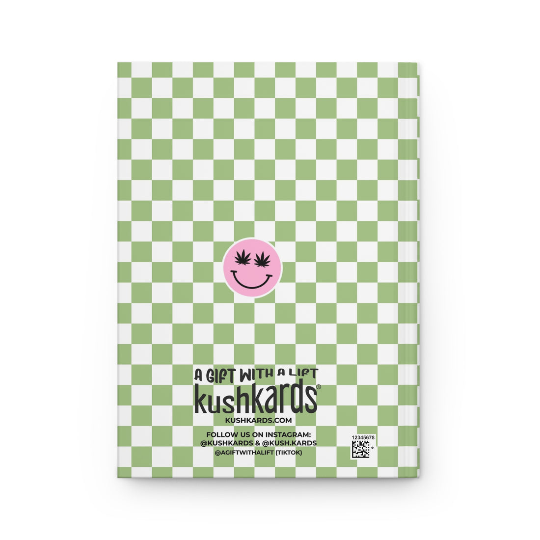 Checkered green and white product packaging with a pink smiley face logo and text.