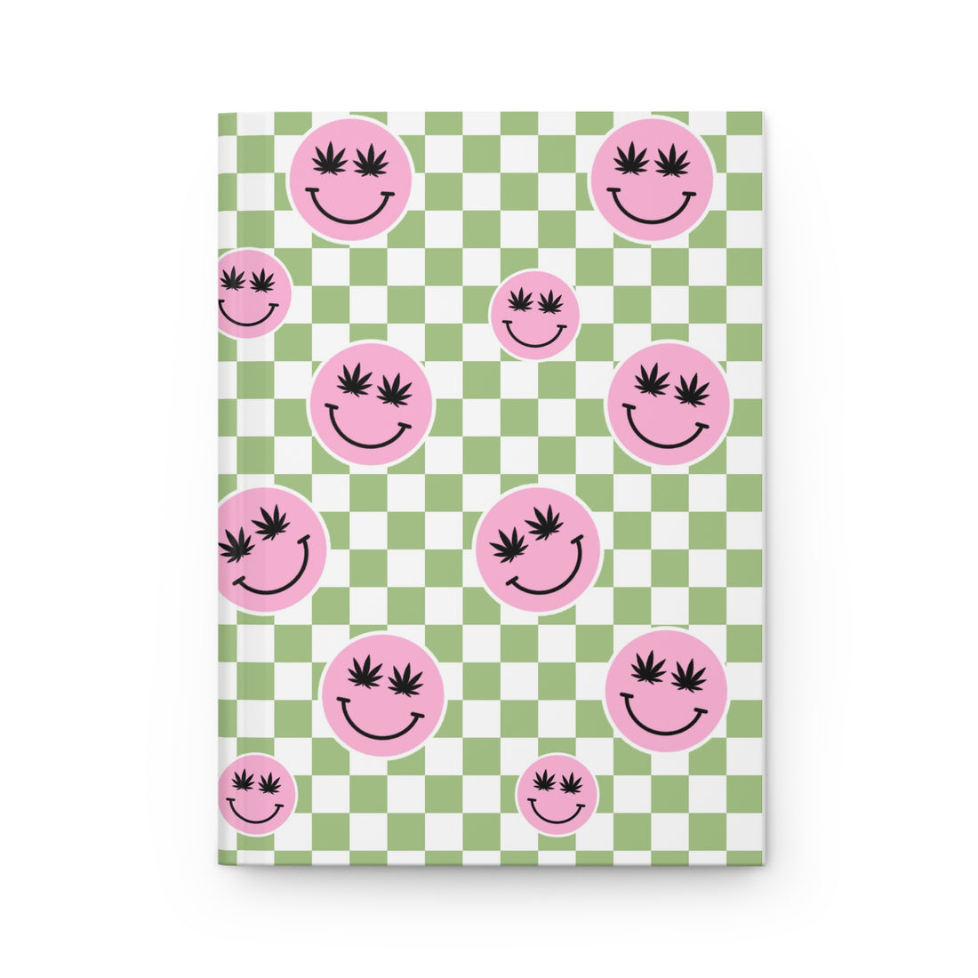 Pink smiley faces with marijuana leaf eyes on a green and white checkerboard background.