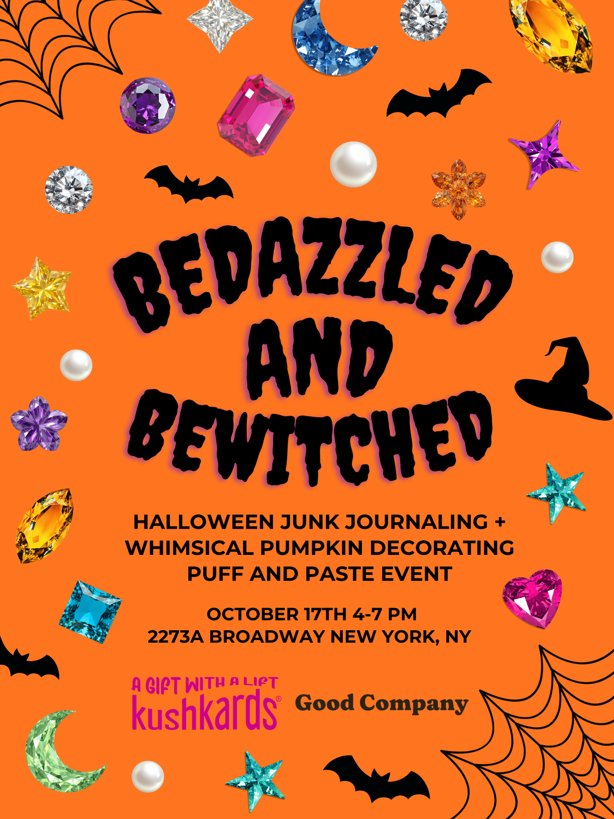 A Halloween-themed promotional flyer or poster with a bright orange background, large black text reading &