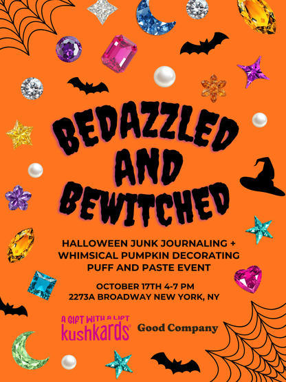 A Halloween-themed promotional flyer or poster with a bright orange background, large black text reading &