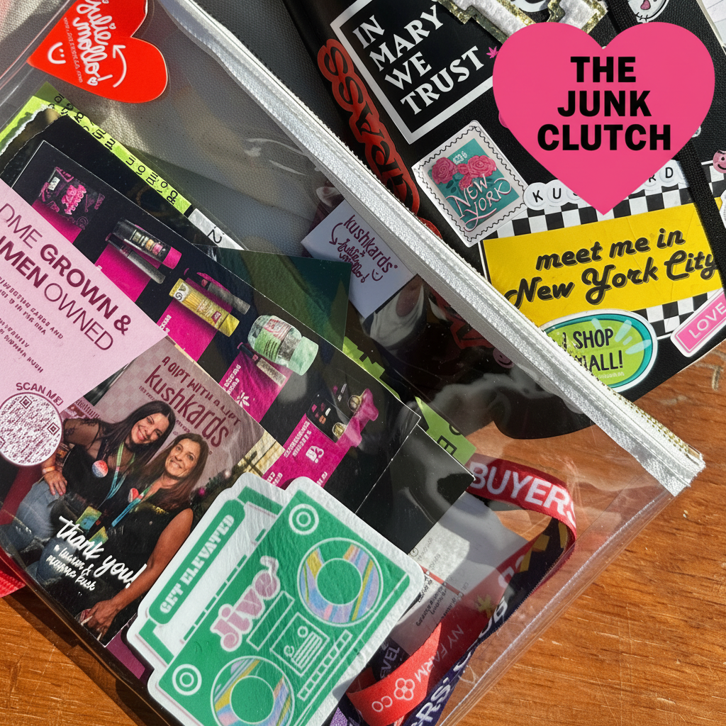 Clear Junk Clutch Filled on a table with red heart tag and branded label 