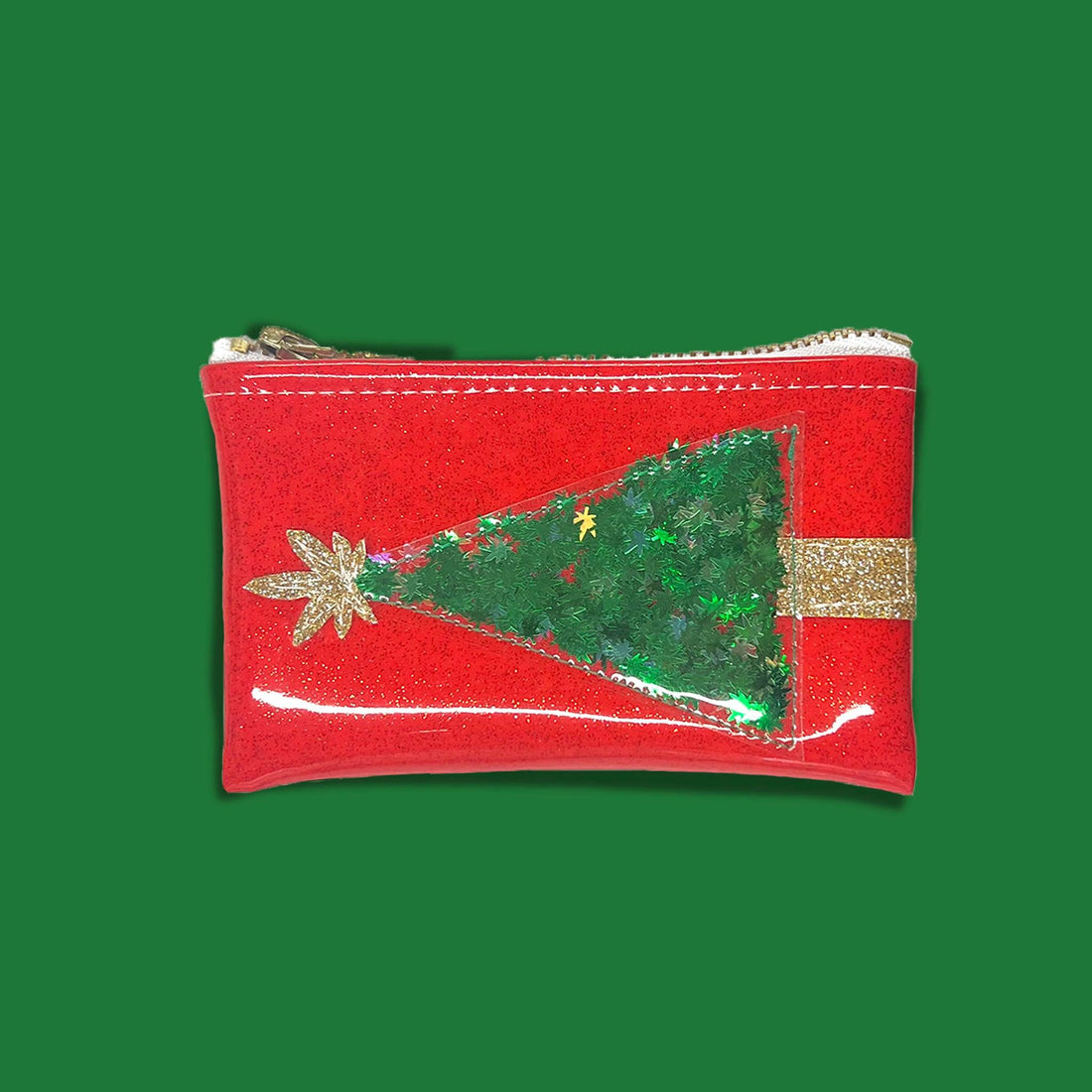 The Holiday Kush Klutch is a Red Zippered Pouch with a Pot Leaf Confetti Christmas Tree