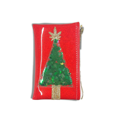 The Holiday Kush Klutch is a Red Zippered Pouch with a Pot Leaf Confetti Christmas Tree