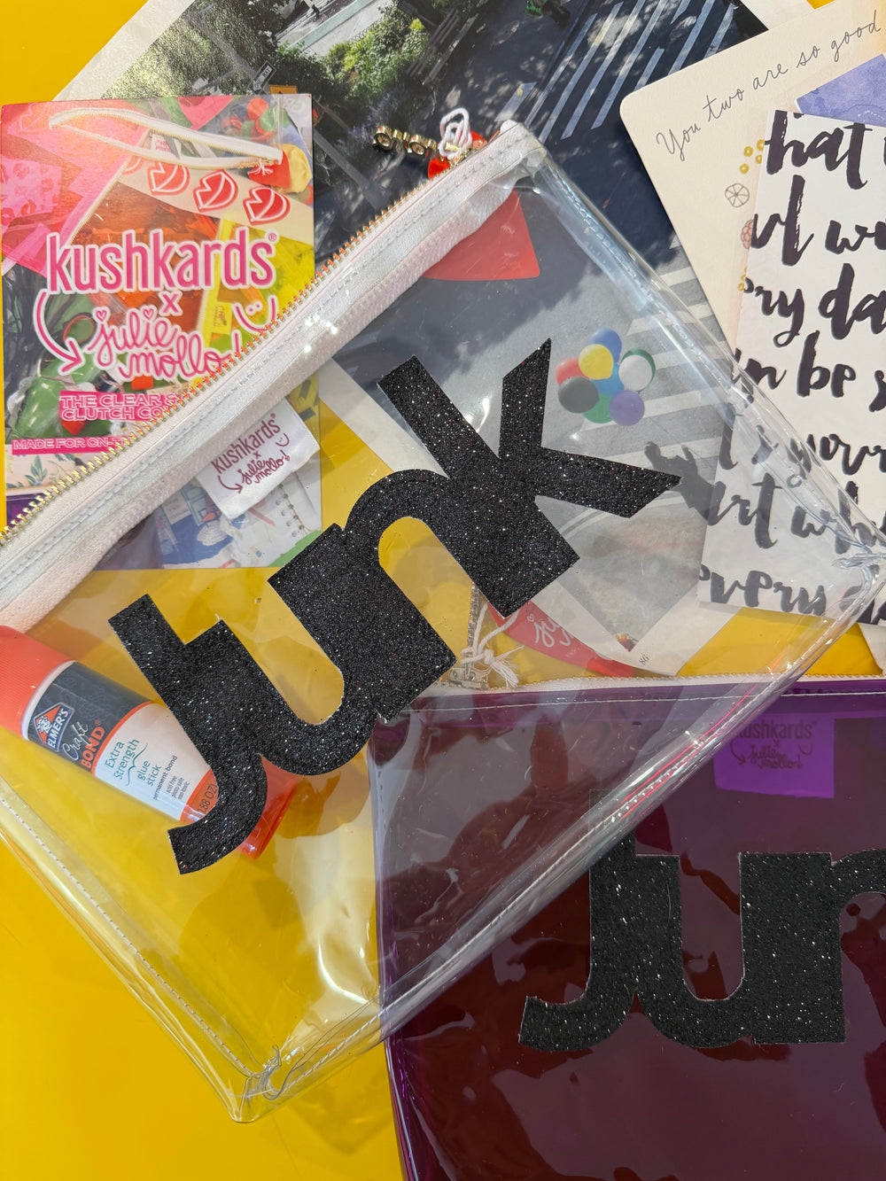 Clear vinyl case with 'junk' text on a colorful background