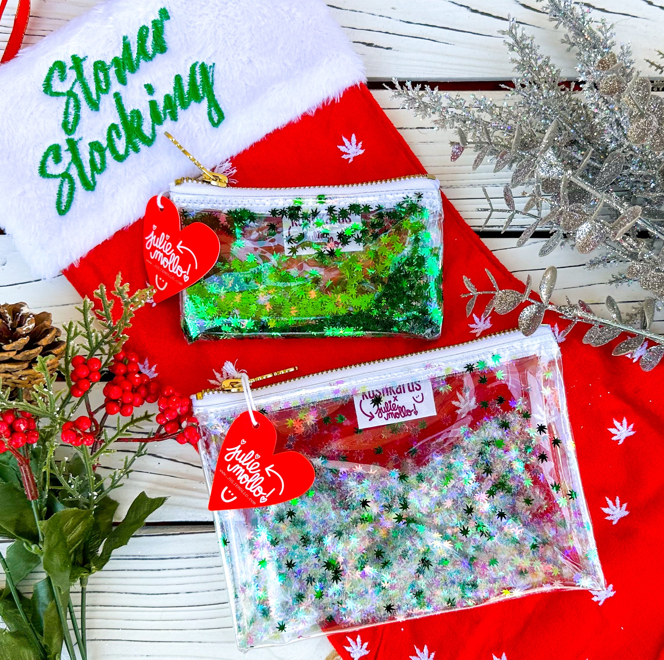Pot leaf Glitty vinyl clutches with a stoner stocking in the back and small and medium sized bags 