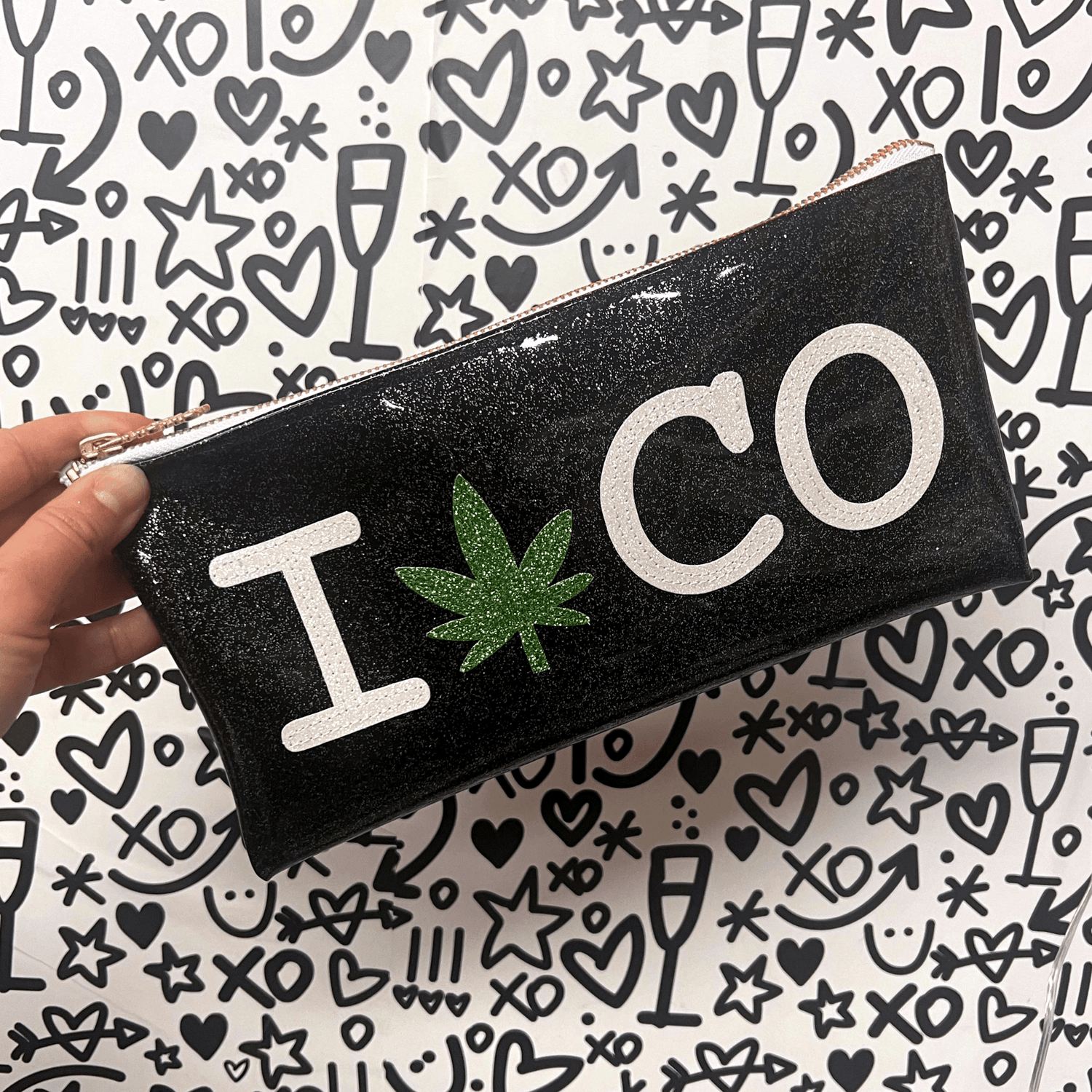 Customizable black glitter cannabis clutch with &