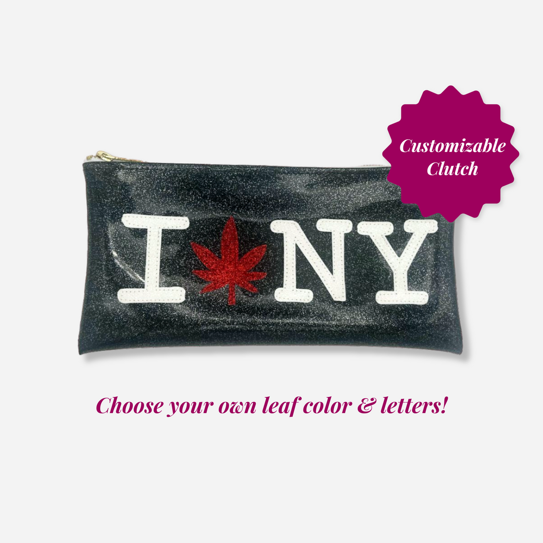 Design your own cannabis-themed clutch with choice of leaf color and letters.