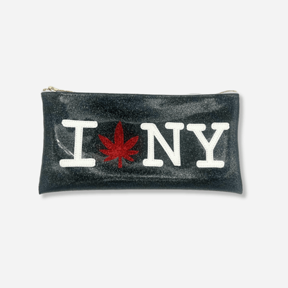 Classic black Kush Clutch with customizable cannabis leaf appliqué and letters.