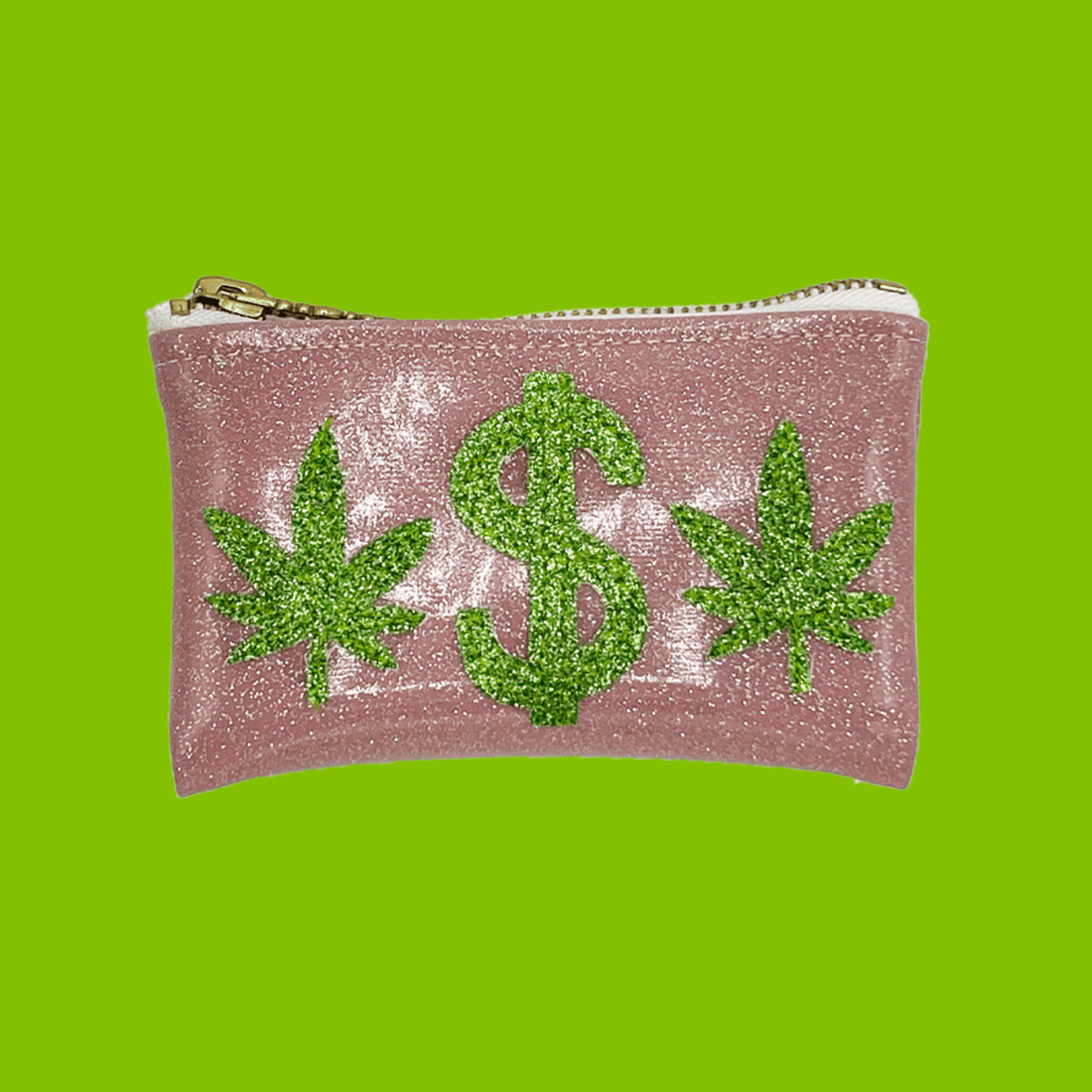 Pink glitter vinyl keychain clutch with green glitter cannabis leaf and dollar sign appliqué on a bright green background.