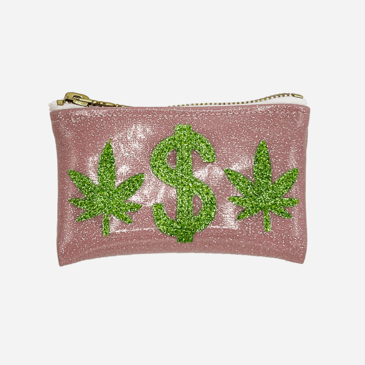 Light pink glitter vinyl keychain clutch with green glitter cannabis leaf and dollar sign appliqués.