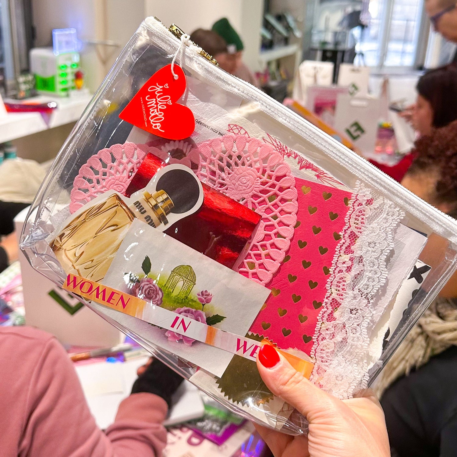 Clear Craft Clutch Filled With Scraps and Junk - Junk Collector with Red Heart Julie Mollo Tag 