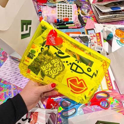 Yellow Clear Craft Clutch filled with Scraps - Junk Collector - red Julie Mollo Heart Tag 