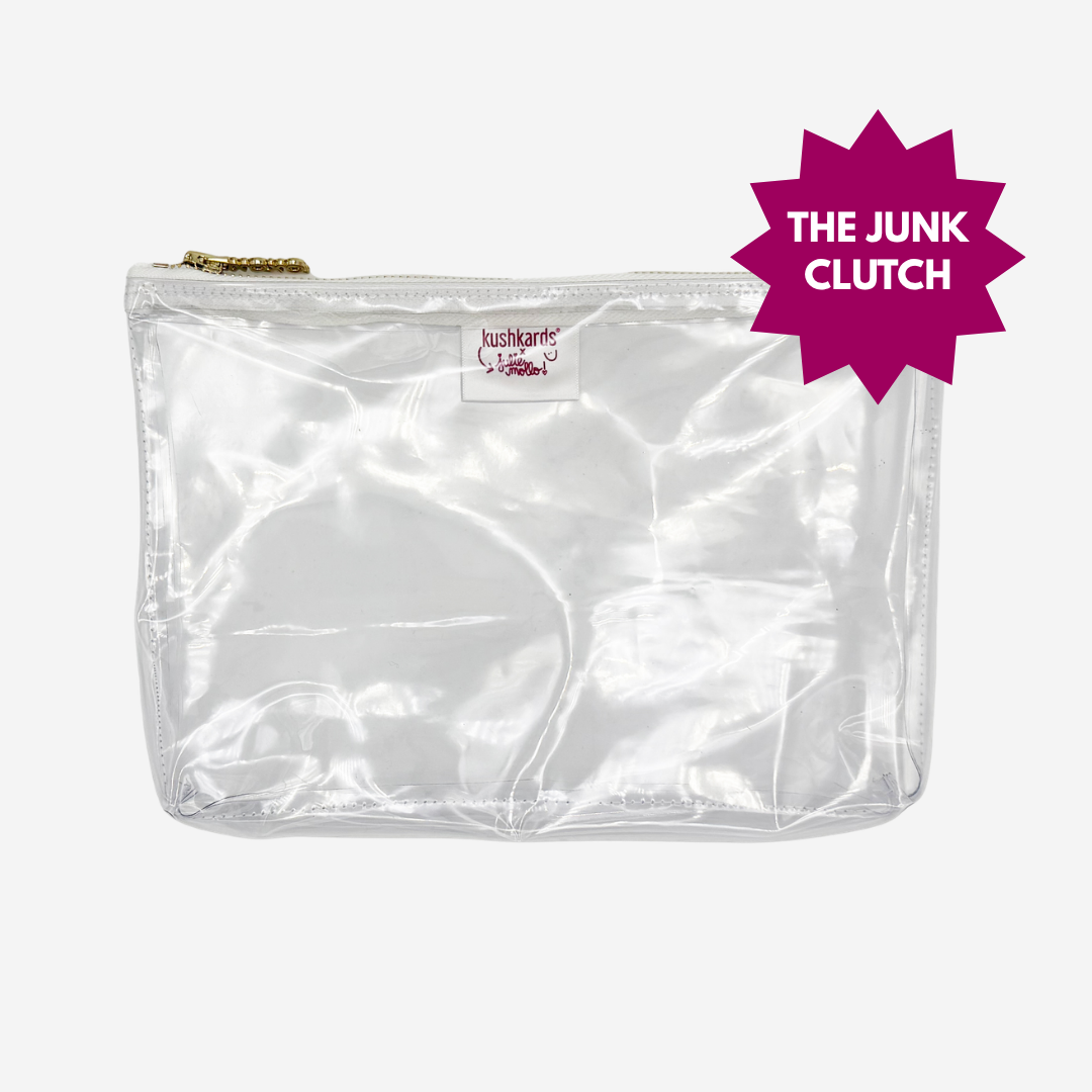 Clear vinyl pouch with a visible brand label on a white background