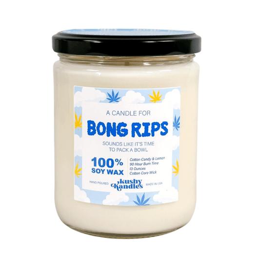Fun and fragrant 'Bong Rips Kush Candle' with cotton candy and lemon scent in soy wax, perfect for a relaxed and enjoyable atmosphere.
