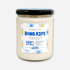 A clean product shot of the "Bong Rips" soy wax candle in a glass jar with a black lid. The label features the cotton candy and lemon scent with a 90-hour burn time and 100% soy wax composition.