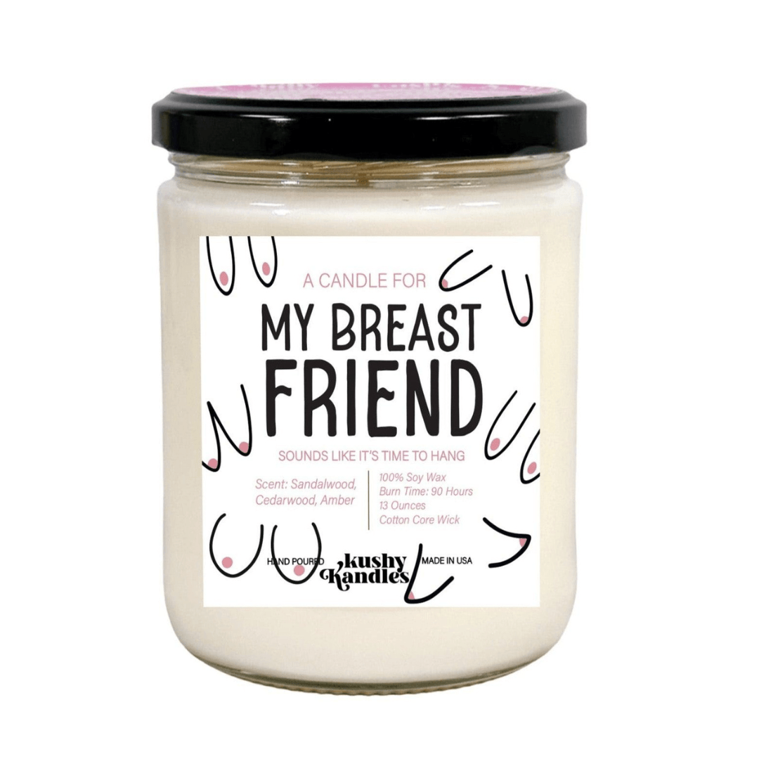 Sandalwood-scented 'Breast Friend Kush Candle' in soy wax, ideal for gifting and creating a warm, friendly ambiance.