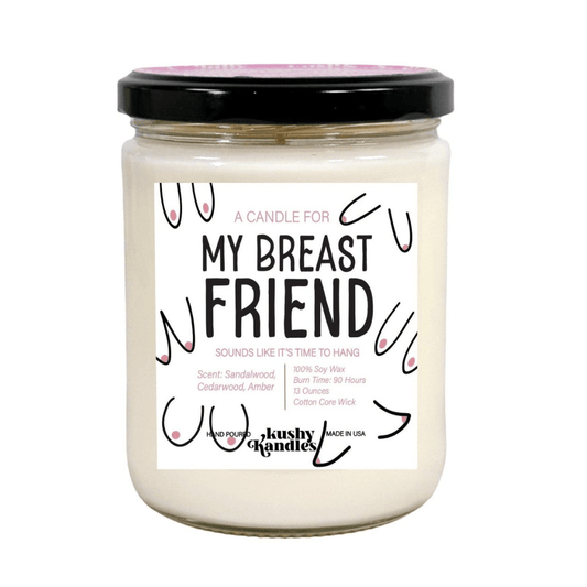 Sandalwood-scented 'Breast Friend Kush Candle' in soy wax, ideal for gifting and creating a warm, friendly ambiance.