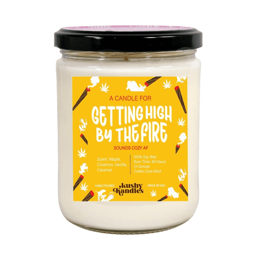 Warm and cozy High By The Fire Kush Candle with maple, cinnamon, vanilla, and caramel scents in 100% soy wax, ideal for creating a snug atmosphere.