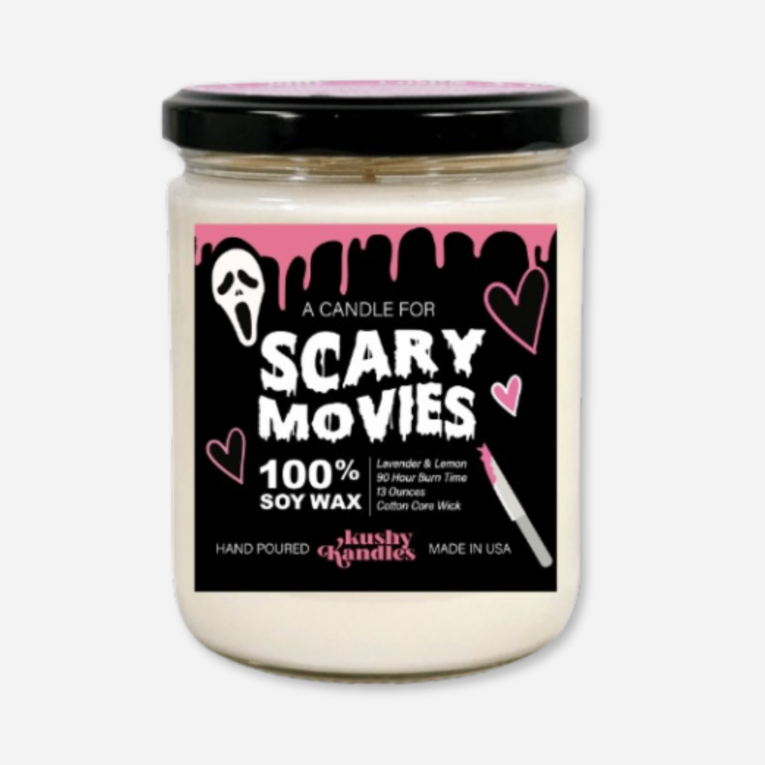 Scary Movies Lavender &amp; Lemon Soy Wax Candle displayed on a black and pink horror-themed background, perfect for spooky movie nights.