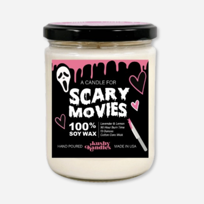 Scary Movies Lavender &amp; Lemon Soy Wax Candle displayed on a black and pink horror-themed background, perfect for spooky movie nights.